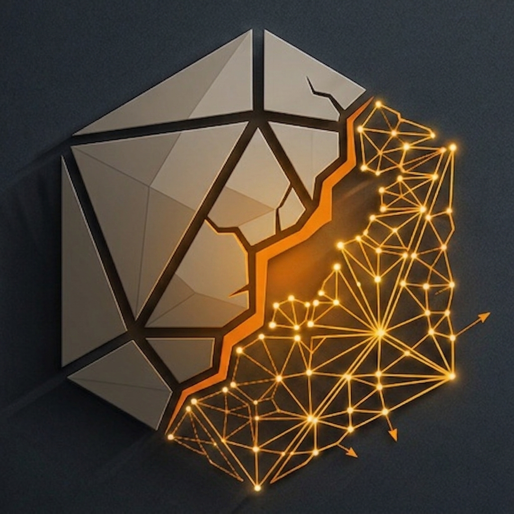 HalfEdge mark — a solid wall breaking apart into a constructed vector mesh